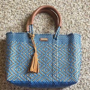 Elegant Blue and Tan Woven Tote Bag